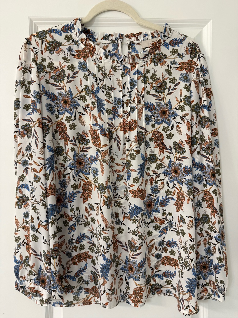 LOFT White Floral Skirt with Blue & Brown Blooms